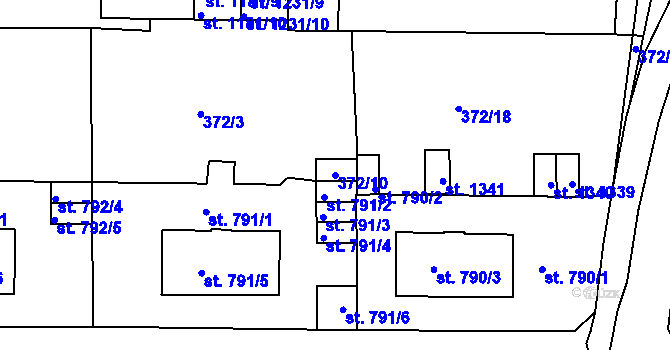 Parcela st. 372/10 v KÚ Unhošť, Katastrální mapa
