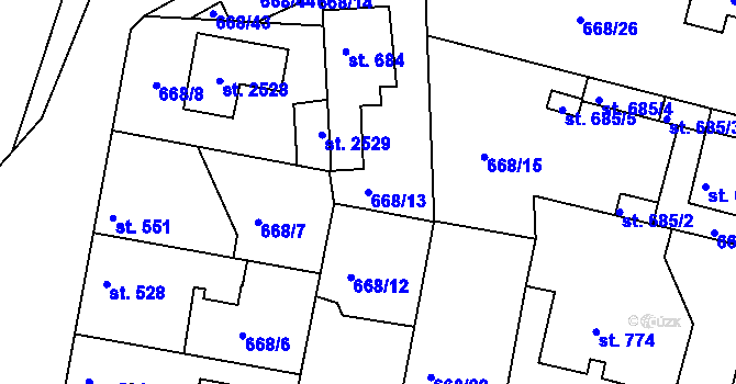 Parcela st. 668/13 v KÚ Unhošť, Katastrální mapa