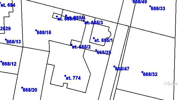 Parcela st. 668/28 v KÚ Unhošť, Katastrální mapa
