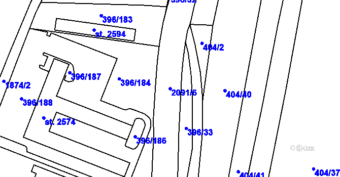 Parcela st. 2091/6 v KÚ Unhošť, Katastrální mapa