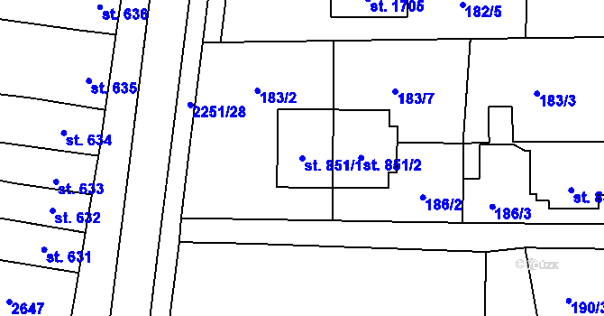 Parcela st. 851/1 v KÚ Uničov, Katastrální mapa