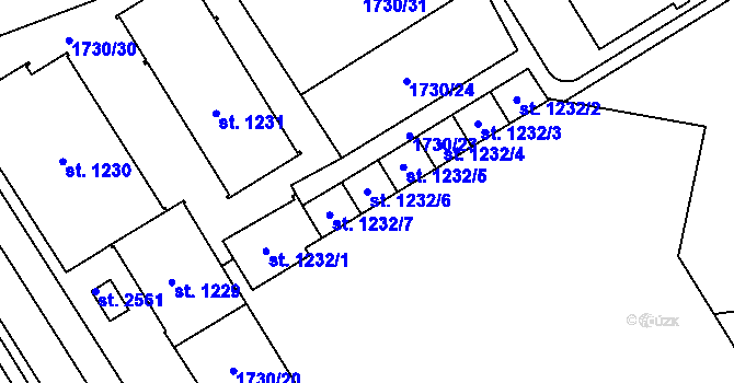 Parcela st. 1232/6 v KÚ Uničov, Katastrální mapa
