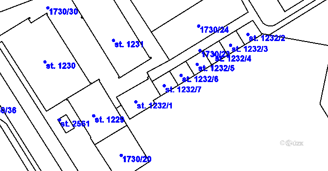 Parcela st. 1232/7 v KÚ Uničov, Katastrální mapa