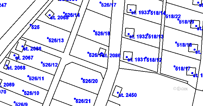 Parcela st. 2086 v KÚ Uničov, Katastrální mapa