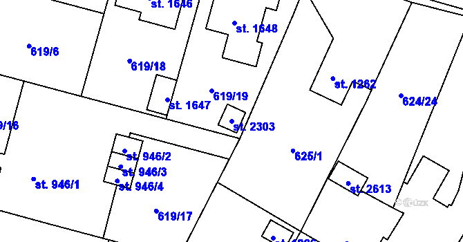 Parcela st. 2303 v KÚ Uničov, Katastrální mapa