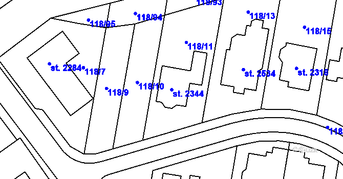 Parcela st. 2344 v KÚ Uničov, Katastrální mapa