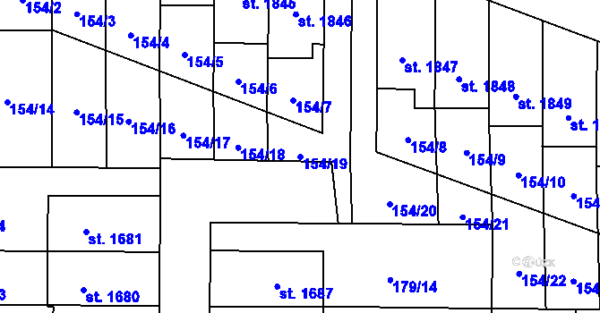 Parcela st. 154/19 v KÚ Uničov, Katastrální mapa