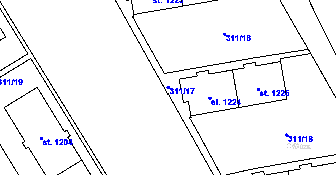 Parcela st. 311/17 v KÚ Uničov, Katastrální mapa