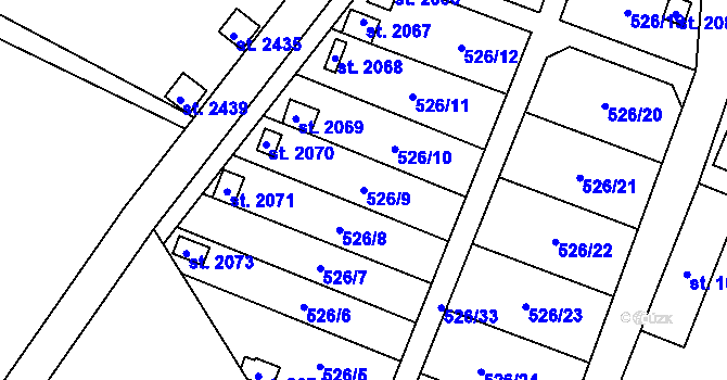 Parcela st. 526/9 v KÚ Uničov, Katastrální mapa