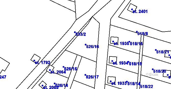 Parcela st. 526/16 v KÚ Uničov, Katastrální mapa