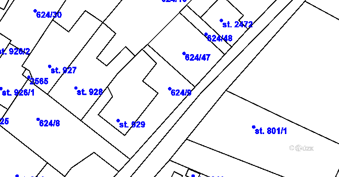 Parcela st. 624/9 v KÚ Uničov, Katastrální mapa
