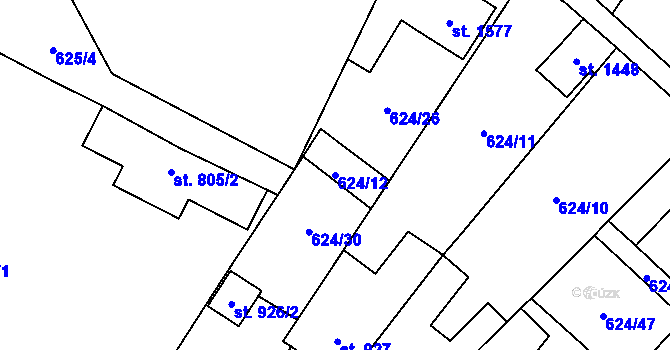 Parcela st. 624/12 v KÚ Uničov, Katastrální mapa