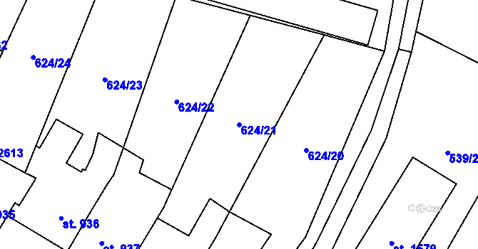 Parcela st. 624/21 v KÚ Uničov, Katastrální mapa