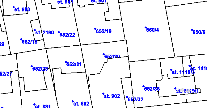 Parcela st. 652/20 v KÚ Uničov, Katastrální mapa