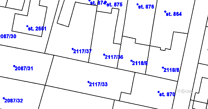 Parcela st. 2117/36 v KÚ Uničov, Katastrální mapa