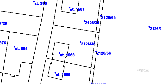 Parcela st. 2126/35 v KÚ Uničov, Katastrální mapa