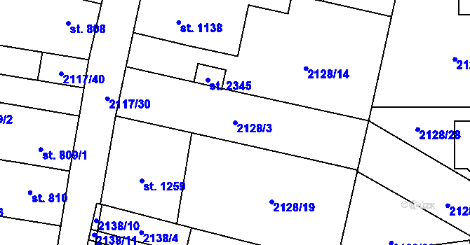 Parcela st. 2128/3 v KÚ Uničov, Katastrální mapa