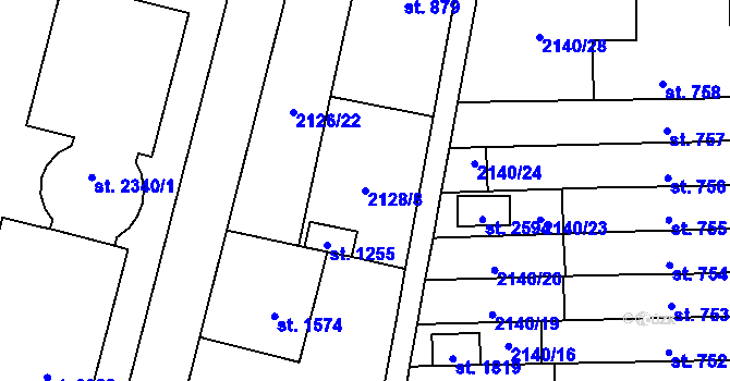 Parcela st. 2128/8 v KÚ Uničov, Katastrální mapa