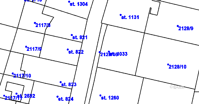 Parcela st. 2128/16 v KÚ Uničov, Katastrální mapa