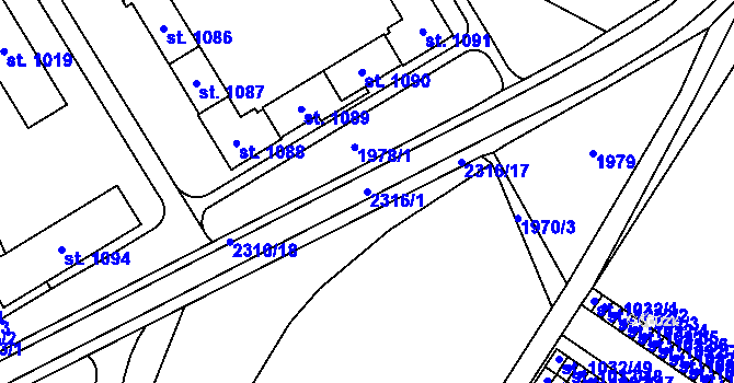 Parcela st. 2316/1 v KÚ Uničov, Katastrální mapa