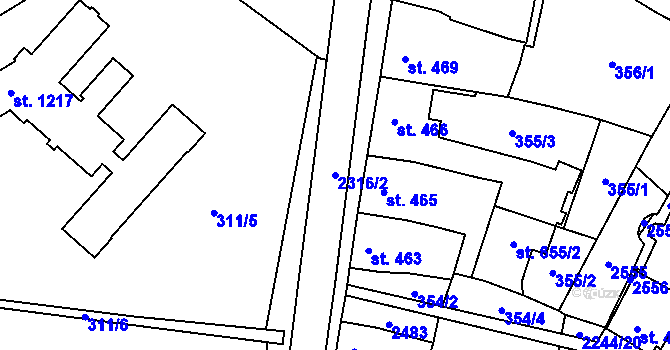 Parcela st. 2316/2 v KÚ Uničov, Katastrální mapa