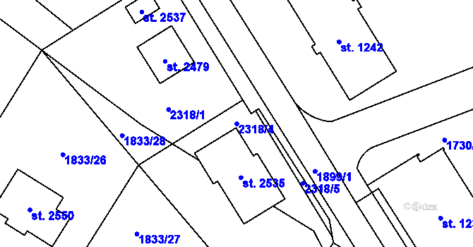Parcela st. 2318/4 v KÚ Uničov, Katastrální mapa