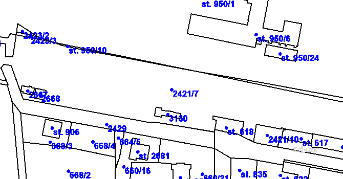 Parcela st. 2421/7 v KÚ Uničov, Katastrální mapa