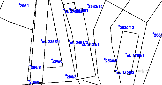 Parcela st. 2421/1 v KÚ Uničov, Katastrální mapa