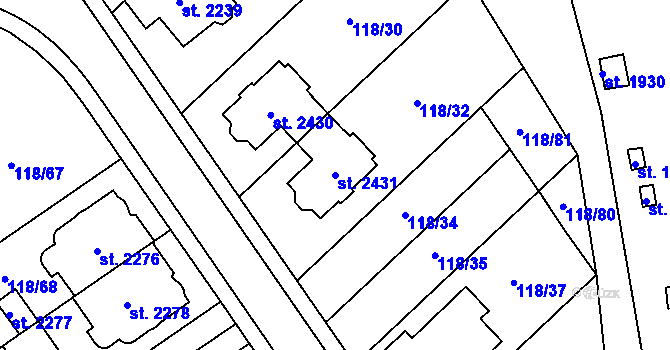 Parcela st. 2431 v KÚ Uničov, Katastrální mapa