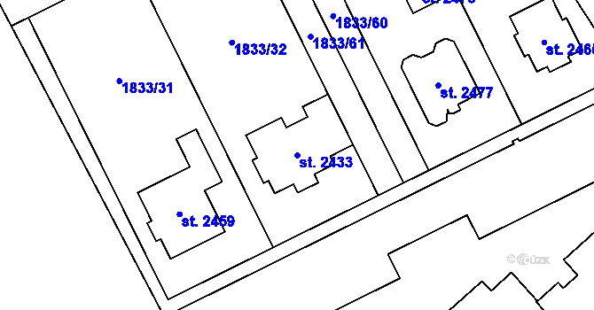 Parcela st. 2433 v KÚ Uničov, Katastrální mapa