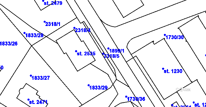 Parcela st. 2318/5 v KÚ Uničov, Katastrální mapa