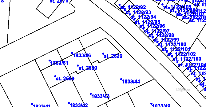 Parcela st. 2629 v KÚ Uničov, Katastrální mapa