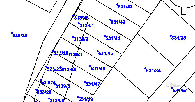 Parcela st. 531/45 v KÚ Uničov, Katastrální mapa