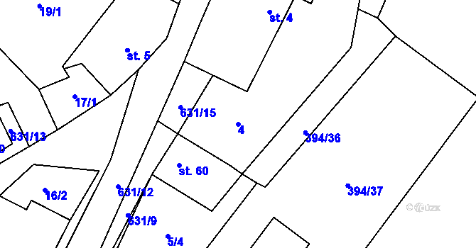 Parcela st. 4 v KÚ Unín, Katastrální mapa