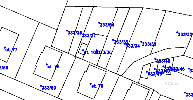 Parcela st. 333/36 v KÚ Unín, Katastrální mapa