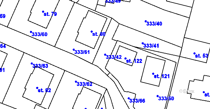 Parcela st. 333/42 v KÚ Unín, Katastrální mapa