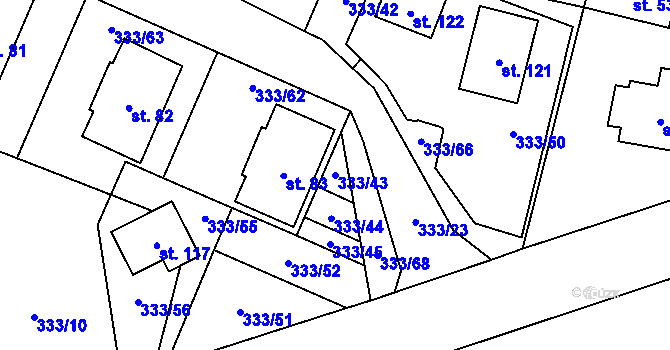 Parcela st. 333/43 v KÚ Unín, Katastrální mapa