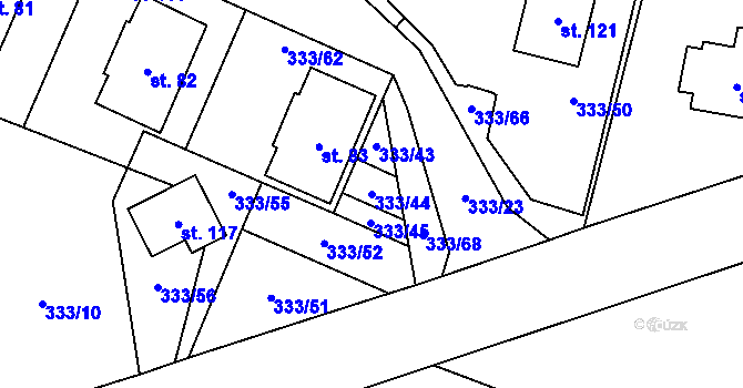 Parcela st. 333/44 v KÚ Unín, Katastrální mapa
