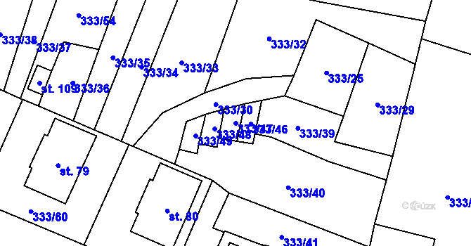 Parcela st. 333/47 v KÚ Unín, Katastrální mapa