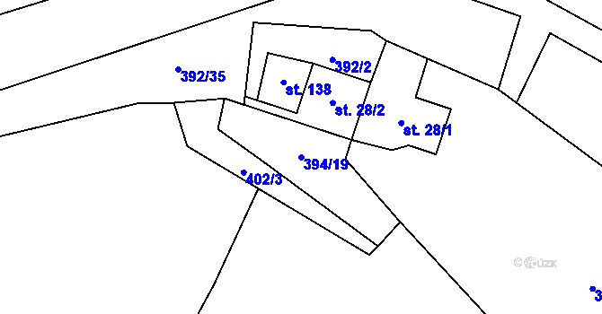Parcela st. 394/19 v KÚ Unín, Katastrální mapa
