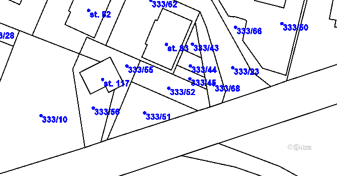 Parcela st. 333/52 v KÚ Unín, Katastrální mapa