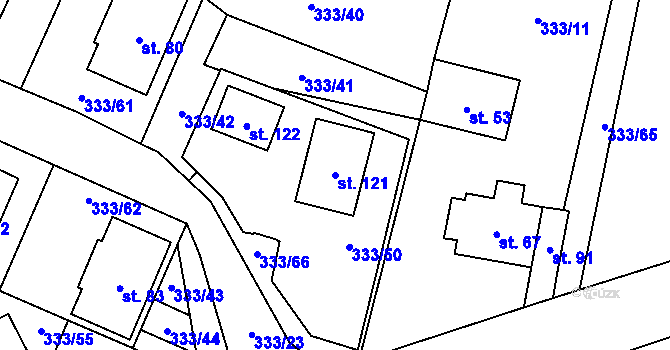 Parcela st. 121 v KÚ Unín, Katastrální mapa