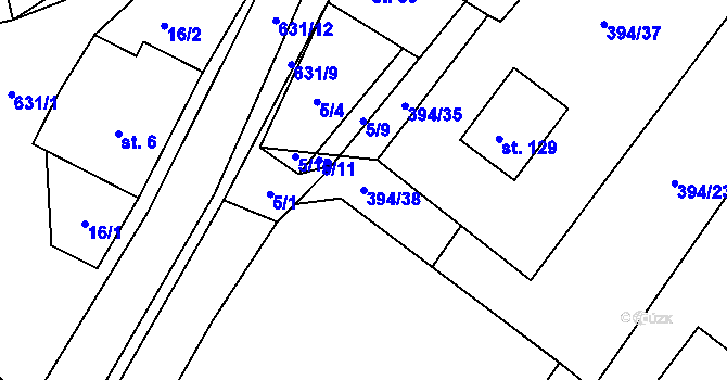 Parcela st. 394/38 v KÚ Unín, Katastrální mapa