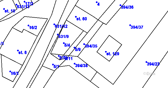 Parcela st. 394/35 v KÚ Unín, Katastrální mapa
