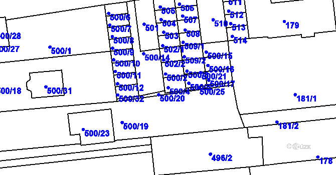 Parcela st. 500/4 v KÚ Unkovice, Katastrální mapa