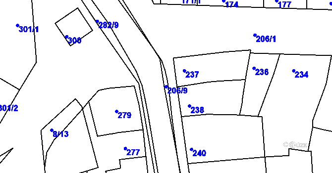 Parcela st. 206/9 v KÚ Seloutky, Katastrální mapa