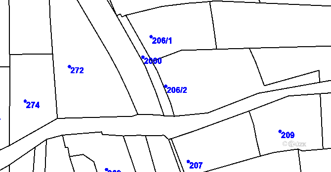 Parcela st. 206/2 v KÚ Určice, Katastrální mapa
