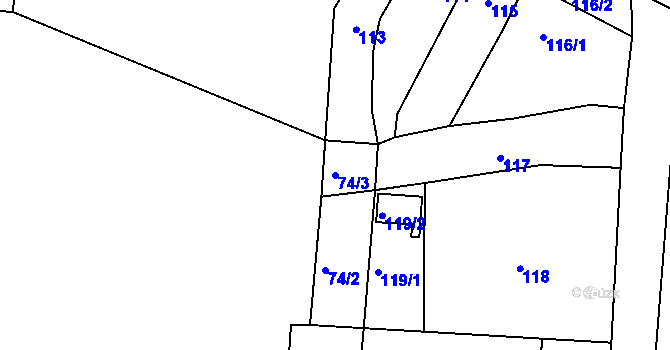 Parcela st. 74/3 v KÚ Trmice, Katastrální mapa