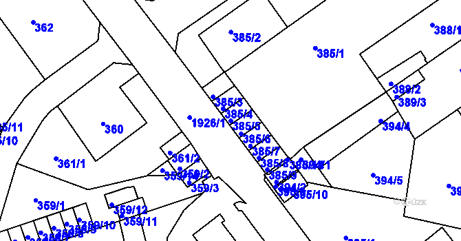Parcela st. 385/5 v KÚ Klíše, Katastrální mapa