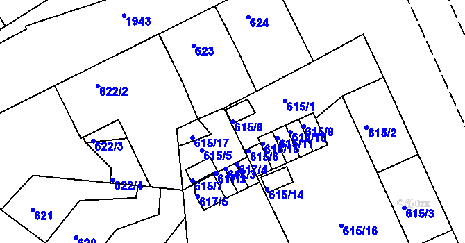 Parcela st. 615/8 v KÚ Klíše, Katastrální mapa